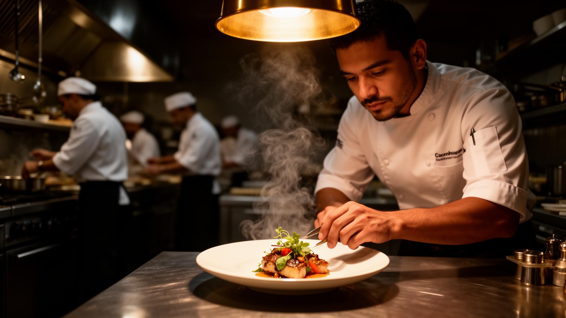 Restaurant kitchen in operation — chefs plating dishes for service
