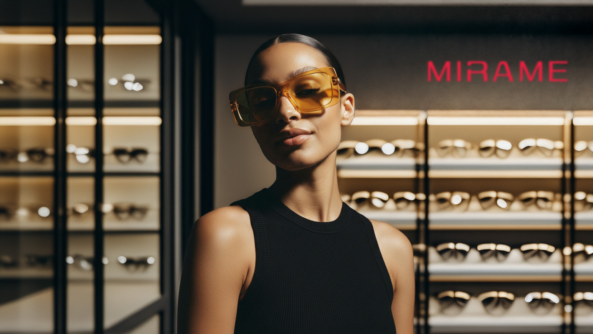 Elegant woman wearing premium eyewear inside a luxury optical boutique