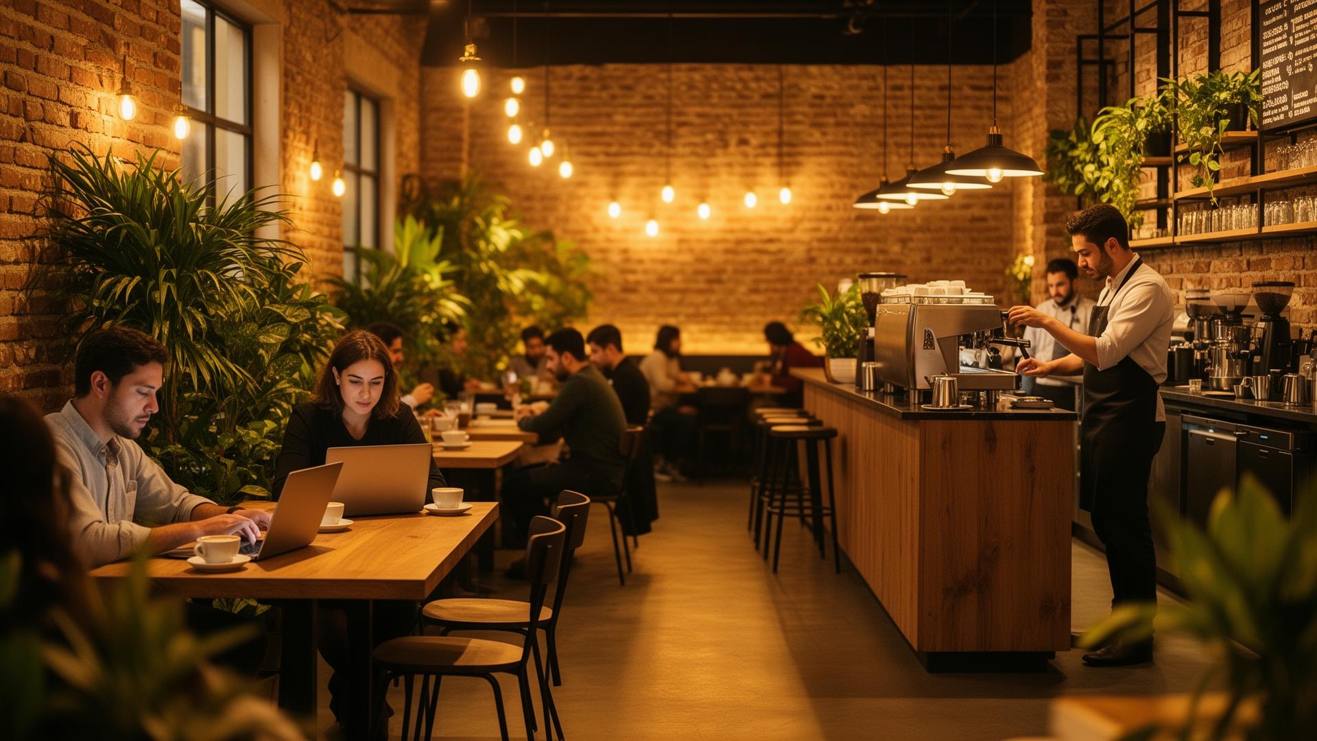 Premium Latin American café — people working and enjoying specialty coffee